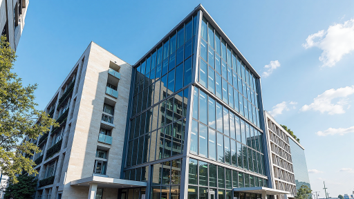Corporate building exterior, modern office tower, tree-lined campus environment, blue sky backdrop