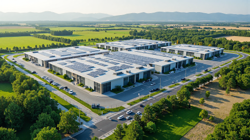 Panoramic view of Dehua production facility, modern industrial buildings with organized workshops