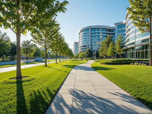 Modern corporate building exterior of GCA Group headquarters, surrounded by greenery, bright daylight scene