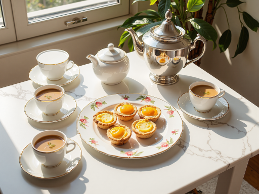 Tea set collection, refined teapot and cups, white porcelain with gold accents, elegant design
