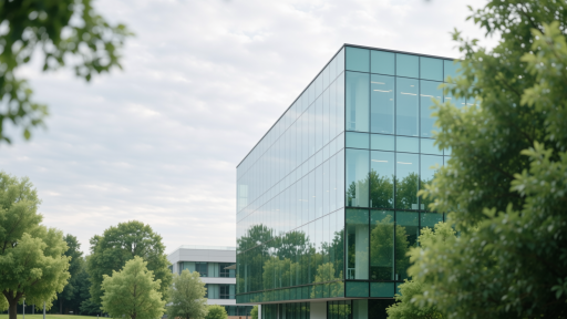 Front view of modern glass facade office building in Xiamen, surrounded by lush landscaping